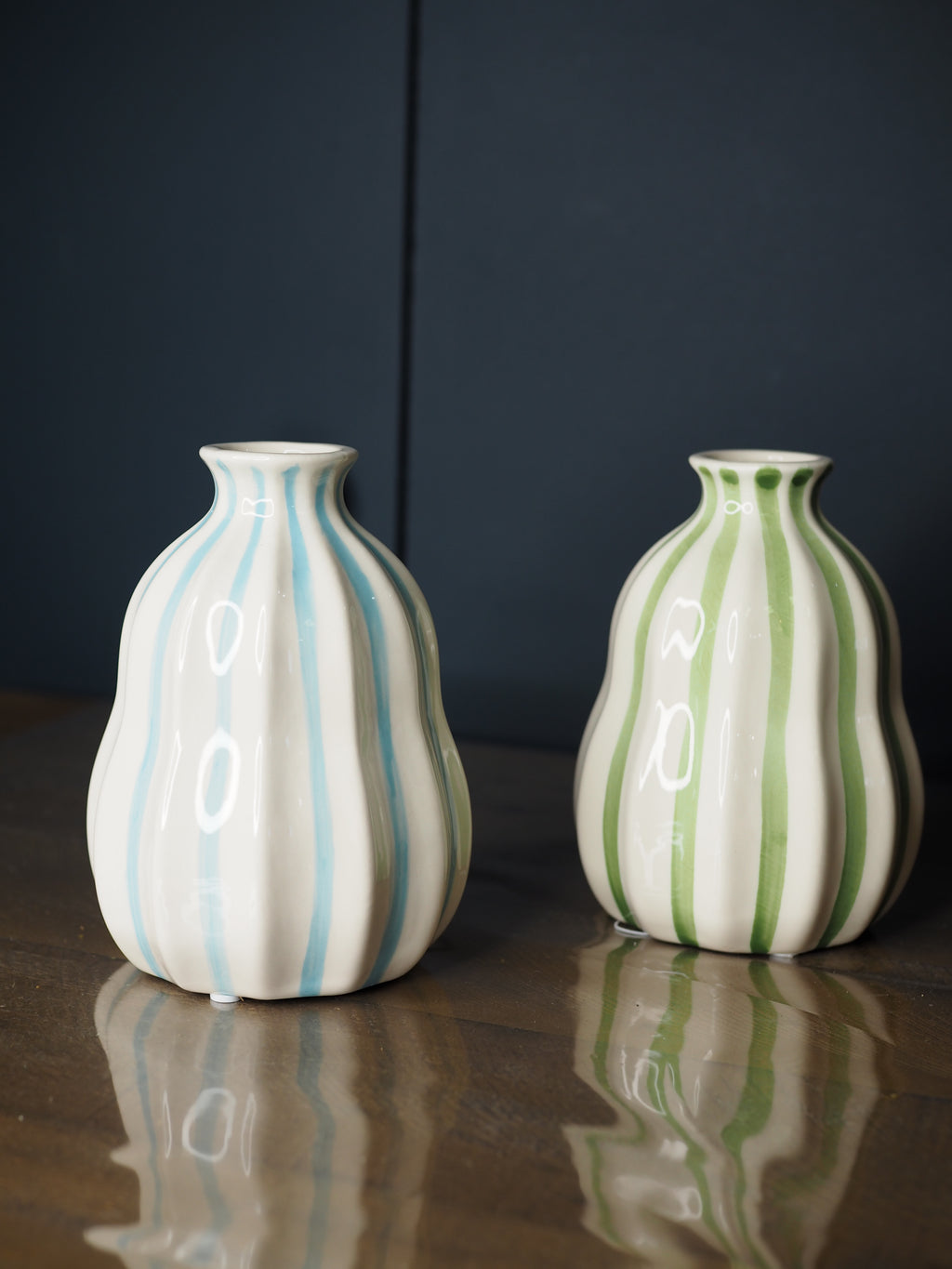 Blue stripe stoneware balloon decorative small vase