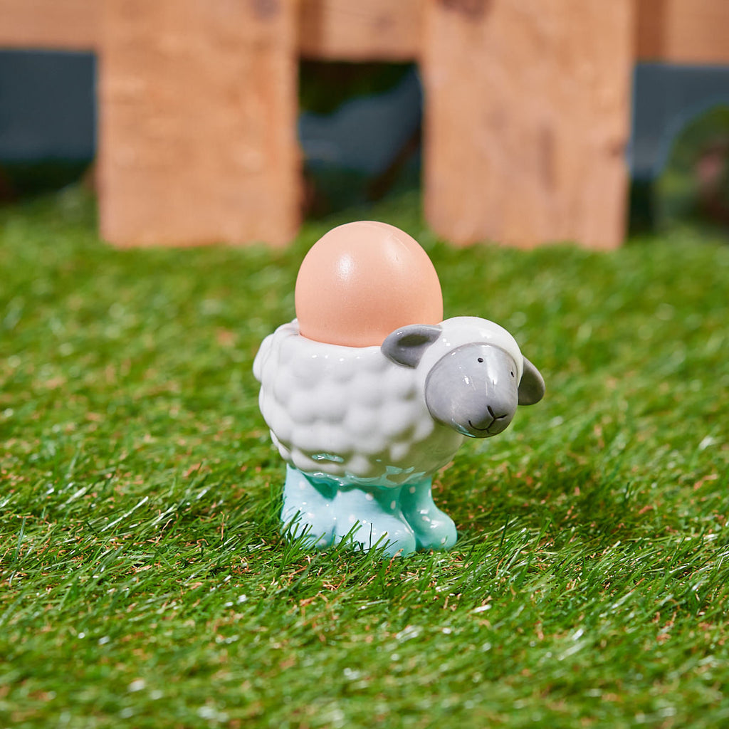 Sheep egg cup with blue wellies