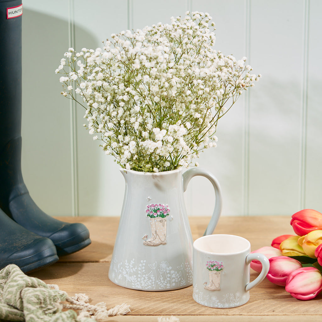 Wellies with flowers grey embossed jug