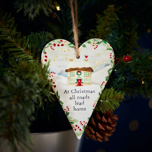 Christmas family cottage ceramic hanging heart