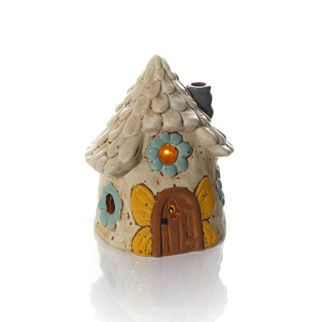 LED stoneware house with butterfly door and floral window