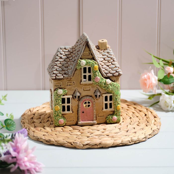 Cottage garden stoneware cream tealight house