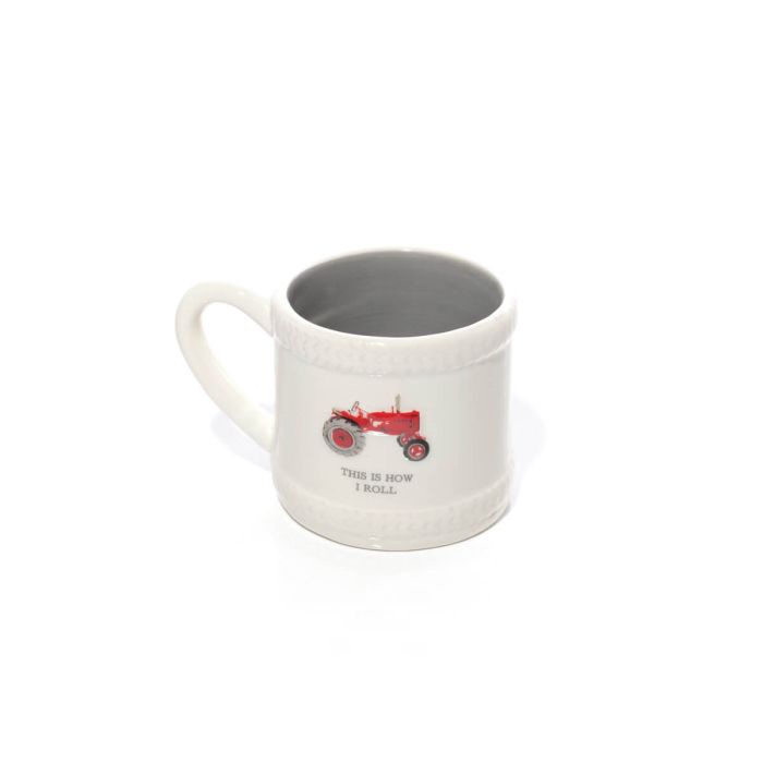 'This is how I roll'  stoneware hand painted red tractor mug
