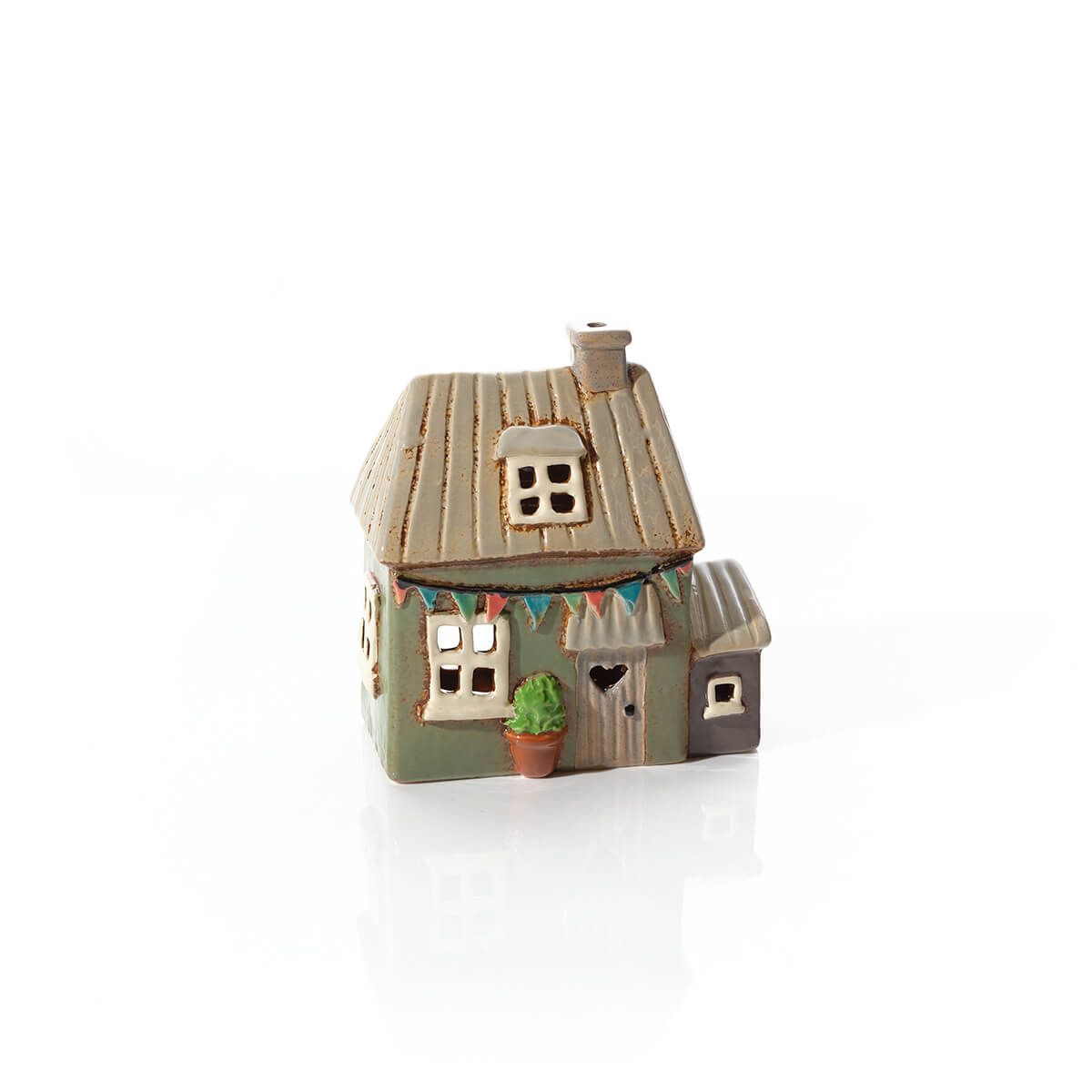 Stoneware sage green tealight house with bunting