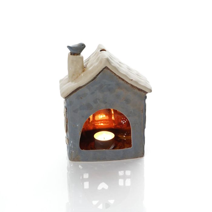 Garden birds stoneware cornflower blue tealight house