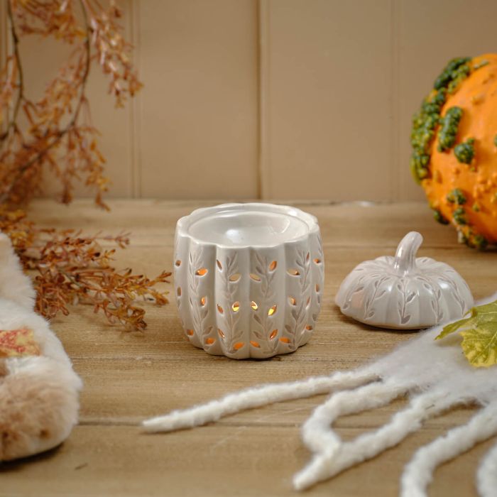 Harvest pumpkin ceramic wax melt burner with lid