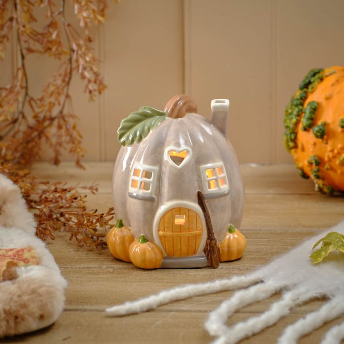 Harvest home shaped pumpkin tealight house ornament