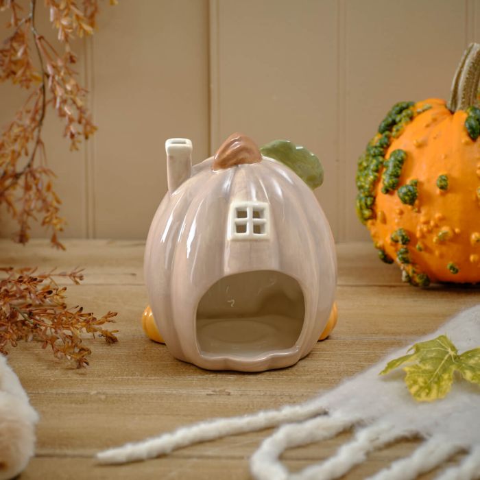Harvest home shaped pumpkin tealight house ornament