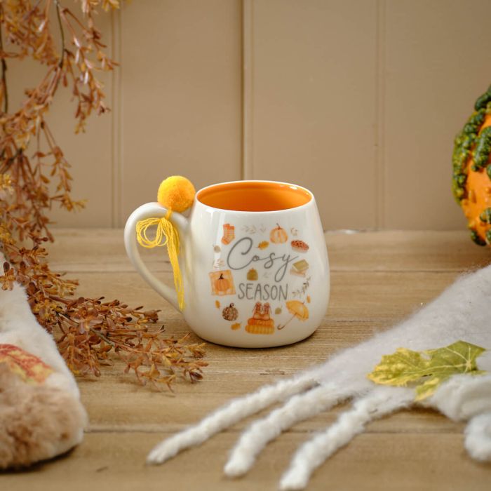 Harvest pumpkin cosy season stoneware mug with pompom