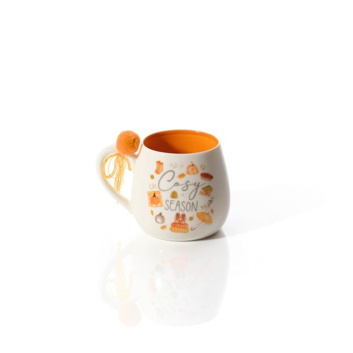 Harvest pumpkin cosy season stoneware mug with pompom