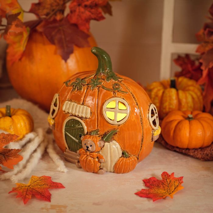 Harvest home stoneware shaped pumpkin house
