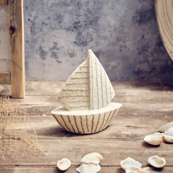 Stoneware textured soft striped boat ornament