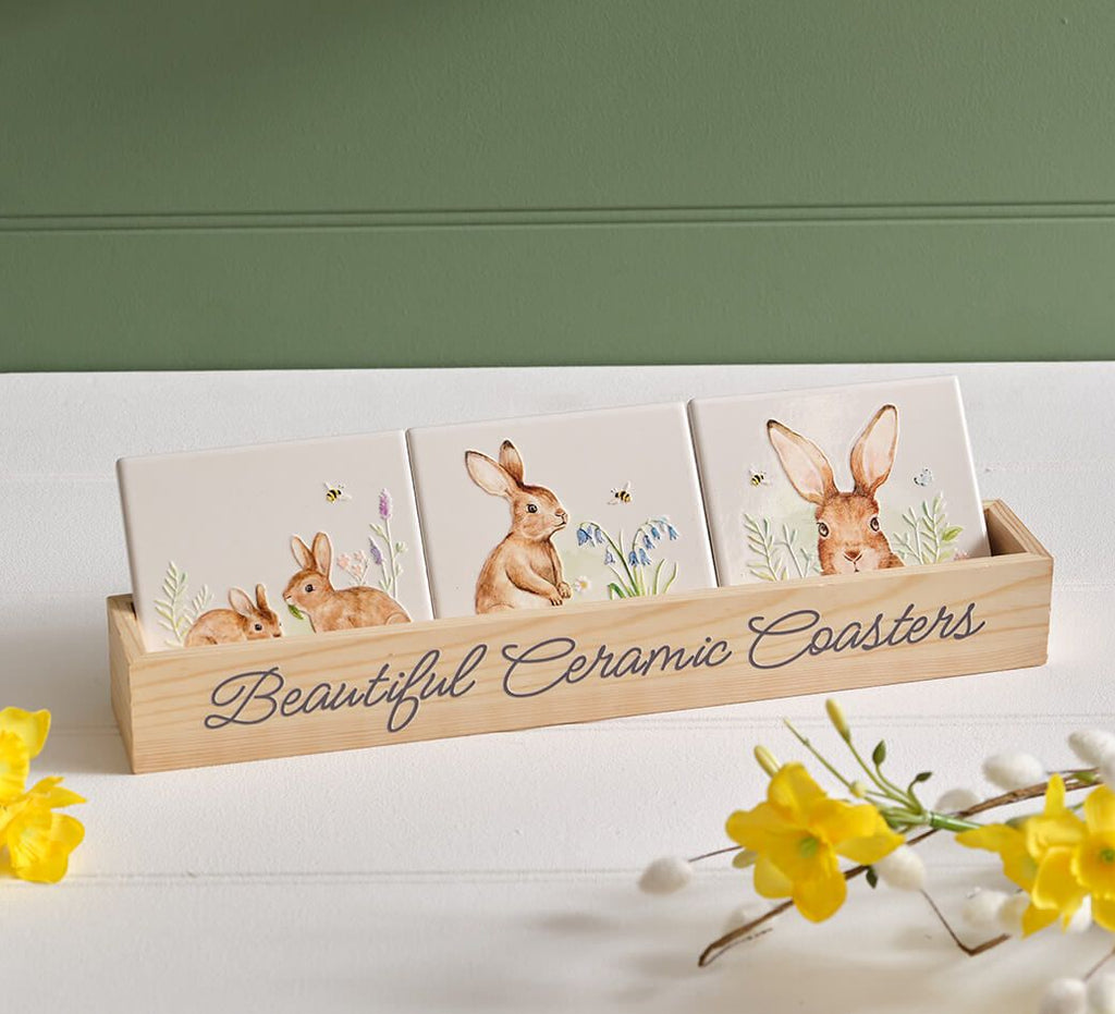 Meadow fields ceramic 3D raised detail bunny coasters
