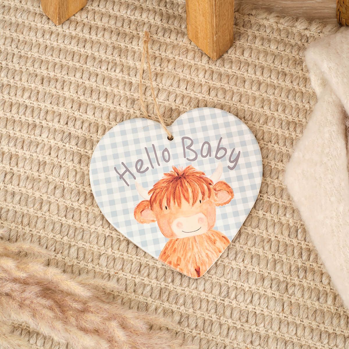 Hugo highland coo 'Hello baby' ceramic hanging heart
