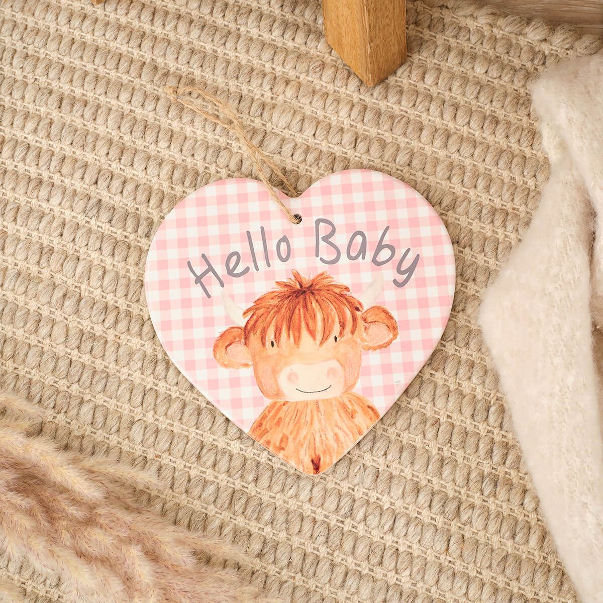 Rosie Highland cow ' Hello baby ceramic hanging heart