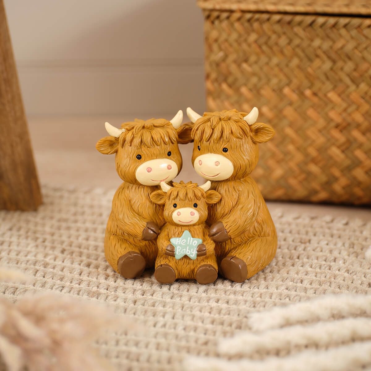 Mini farm highland cow 'hello baby' family ornament