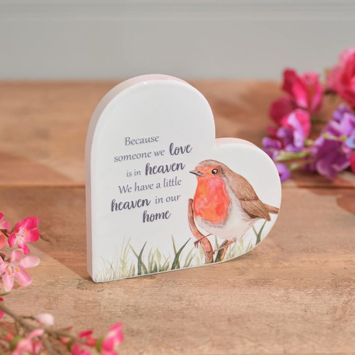 'When someone we love is in heaven' robin ceramic heart ornament