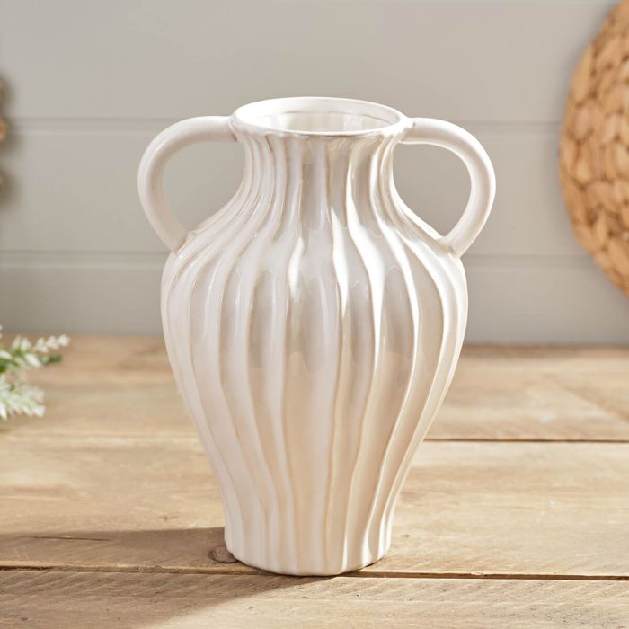 Tall cream ruffled stoneware vase with handles