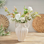 Tall cream ruffled stoneware vase with handles