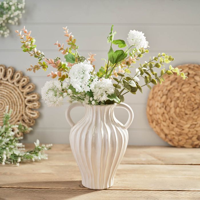 Tall cream ruffled stoneware vase with handles