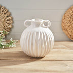 Large round cream ruffled stoneware vase with handles