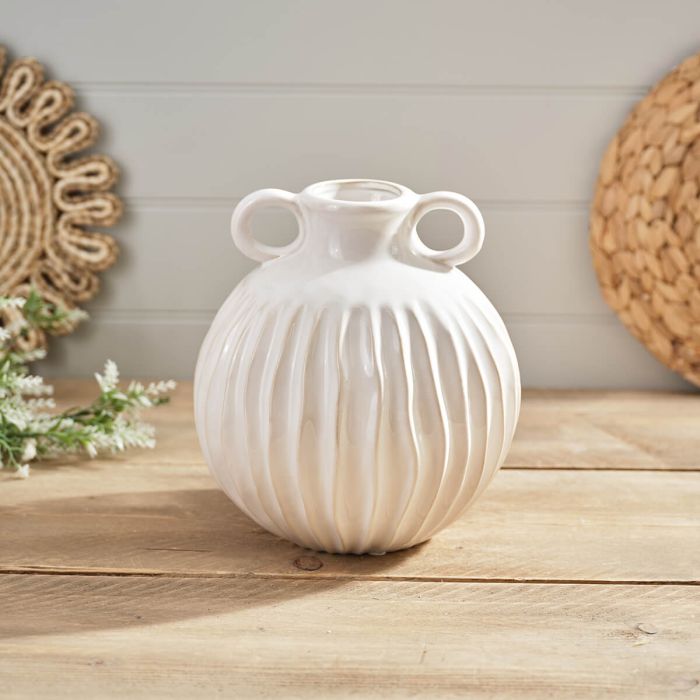 Large round cream ruffled stoneware vase with handles