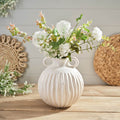 Large round cream ruffled stoneware vase with handles