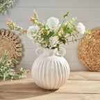 Large round cream ruffled stoneware vase with handles