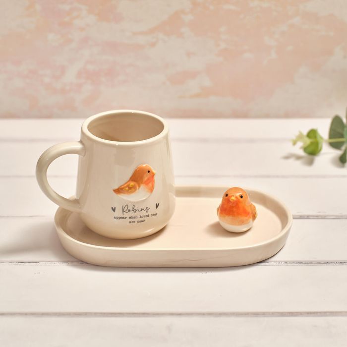 Tiny world robins appear mug & saucer set