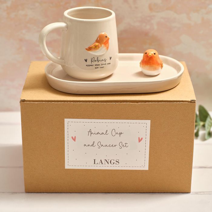 Tiny world robins appear mug & saucer set