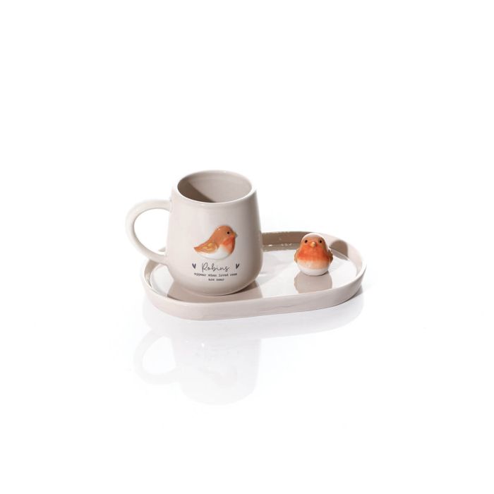 Tiny world robins appear mug & saucer set