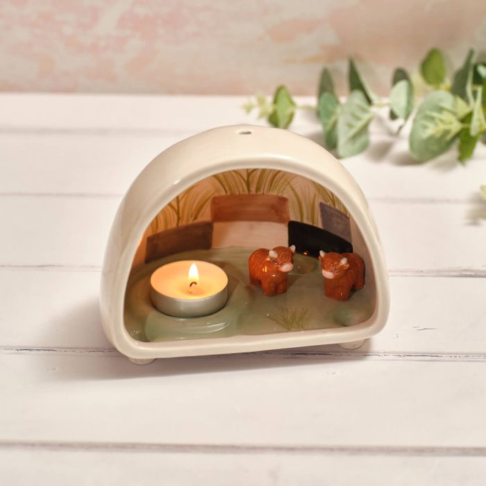 Tiny world boxed highland cow dome tealight holder