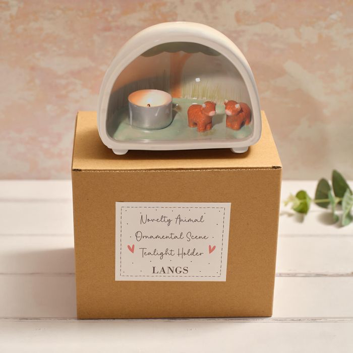 Tiny world boxed highland cow dome tealight holder