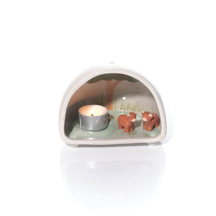 Tiny world boxed highland cow dome tealight holder