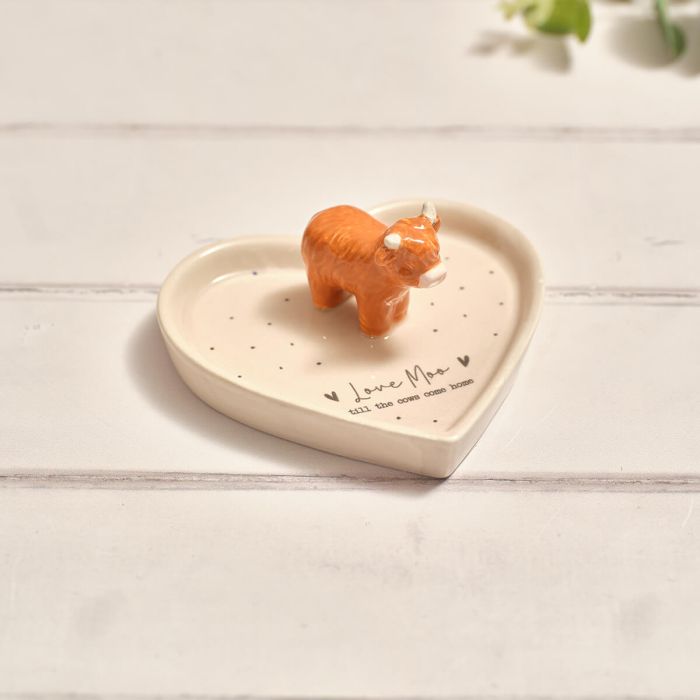 Tiny world 'Love moo' heart shaped highland cow trinket dish