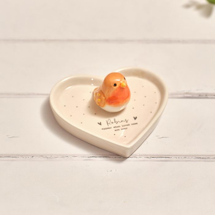 Tiny world 'Robins appear' heart shaped ceramic trinket dish