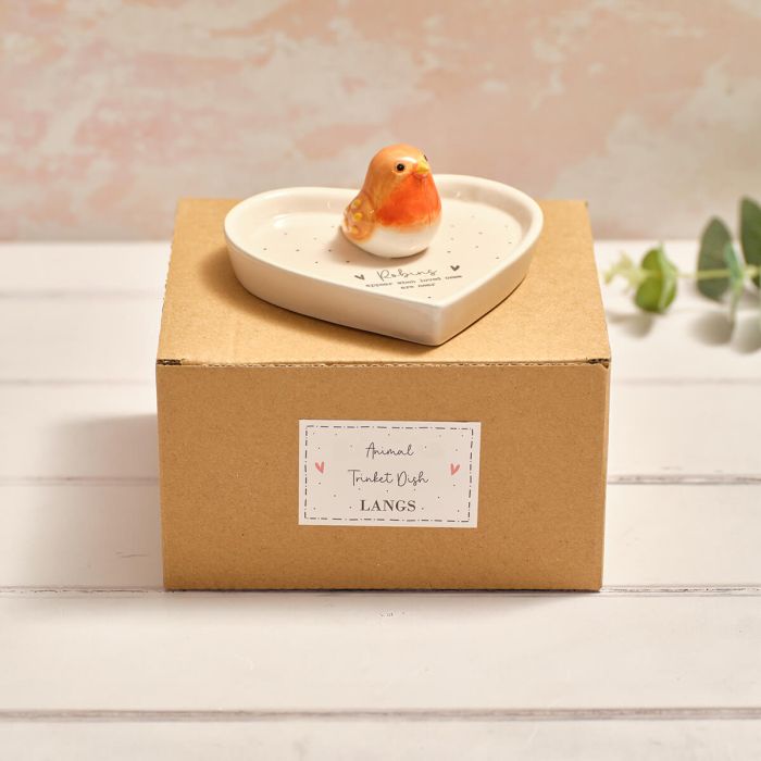 Tiny world 'Robins appear' heart shaped ceramic trinket dish