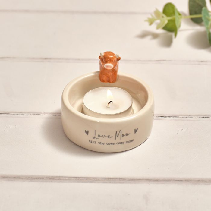 Tiny world boxed 'Love moo' highland cow ceramic tealight holder