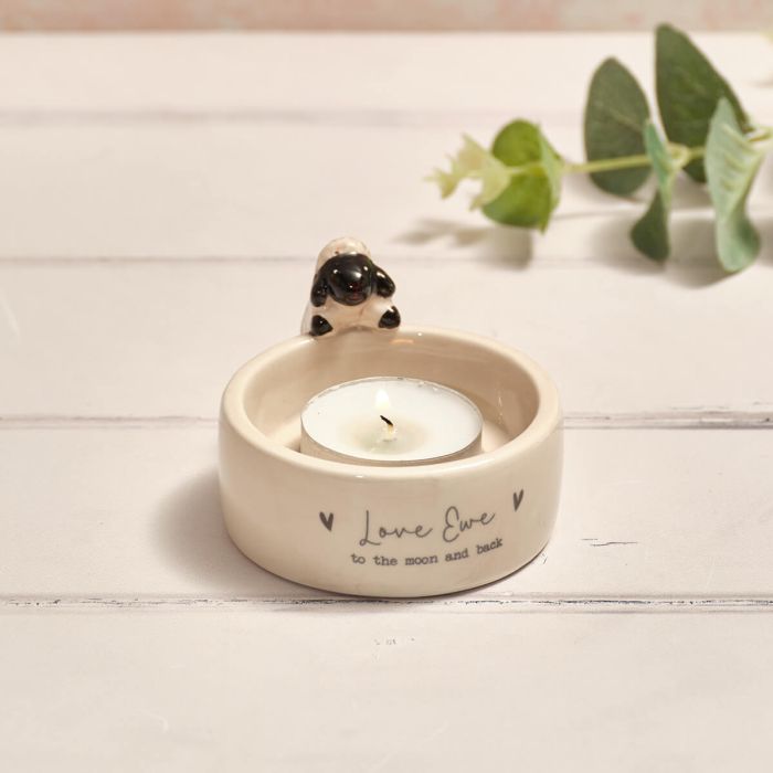 Tiny world boxed 'Love ewe' sheep ceramic tealight holder