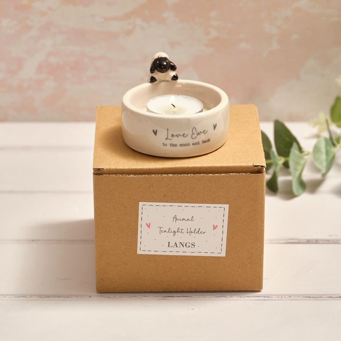 Tiny world boxed 'Love ewe' sheep ceramic tealight holder