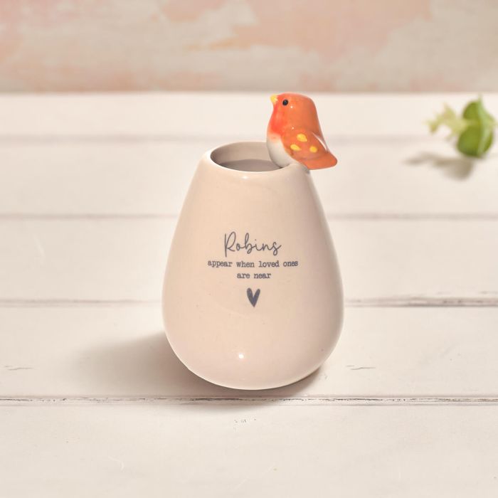 Tiny world boxed 'robins appear' ceramic bud vase
