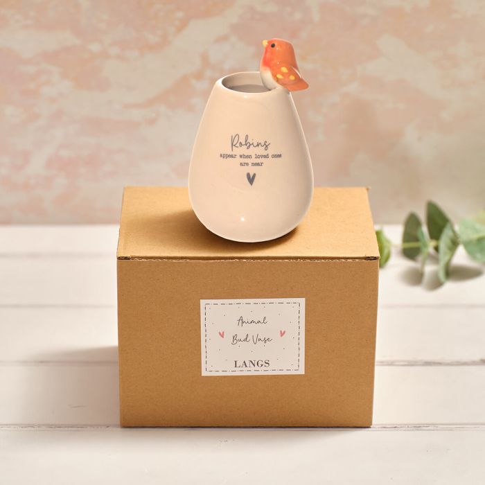 Tiny world boxed 'robins appear' ceramic bud vase