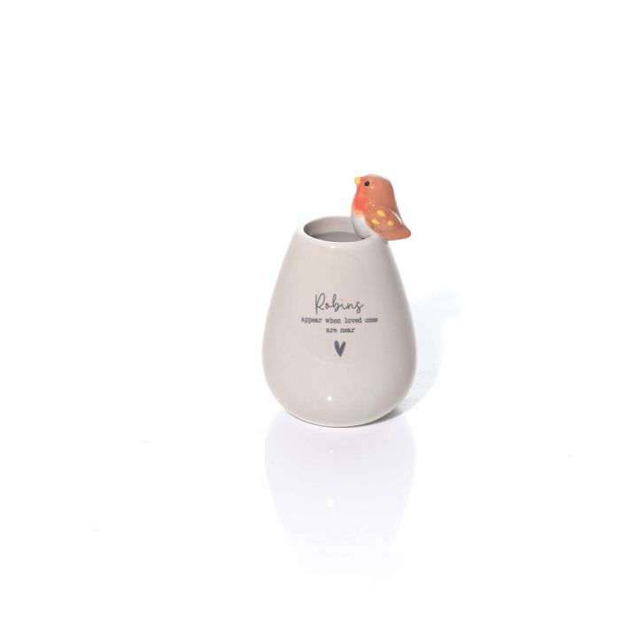 Tiny world boxed 'robins appear' ceramic bud vase