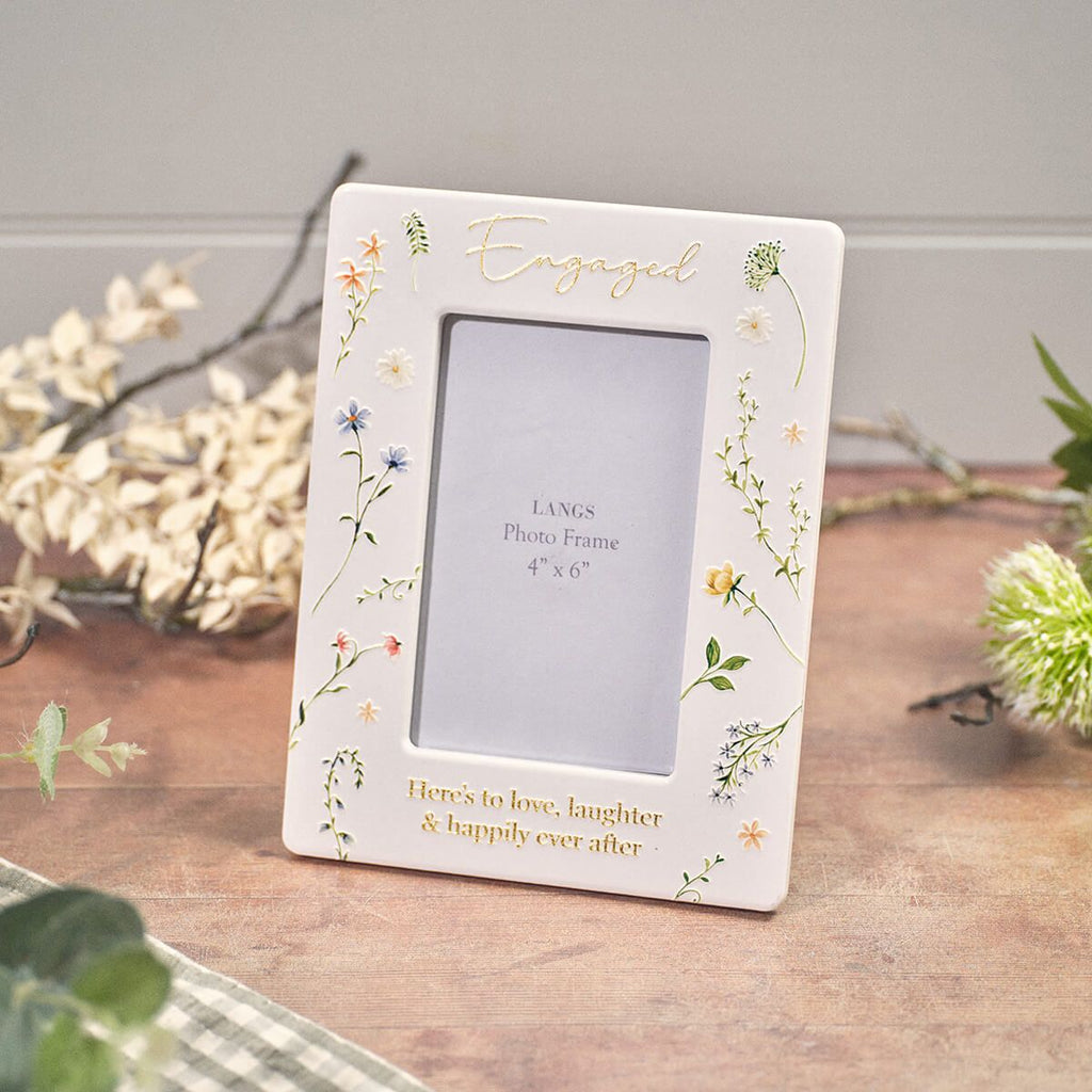 'Engaged' floral embossed ceramic photo frame
