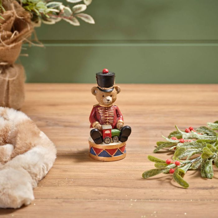 Nutcracker bear sat on drum ornament