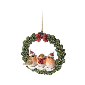 Festive robin family wreath hanging dec