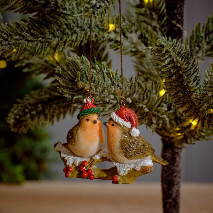 Festive robins with berries on branch hanging dec