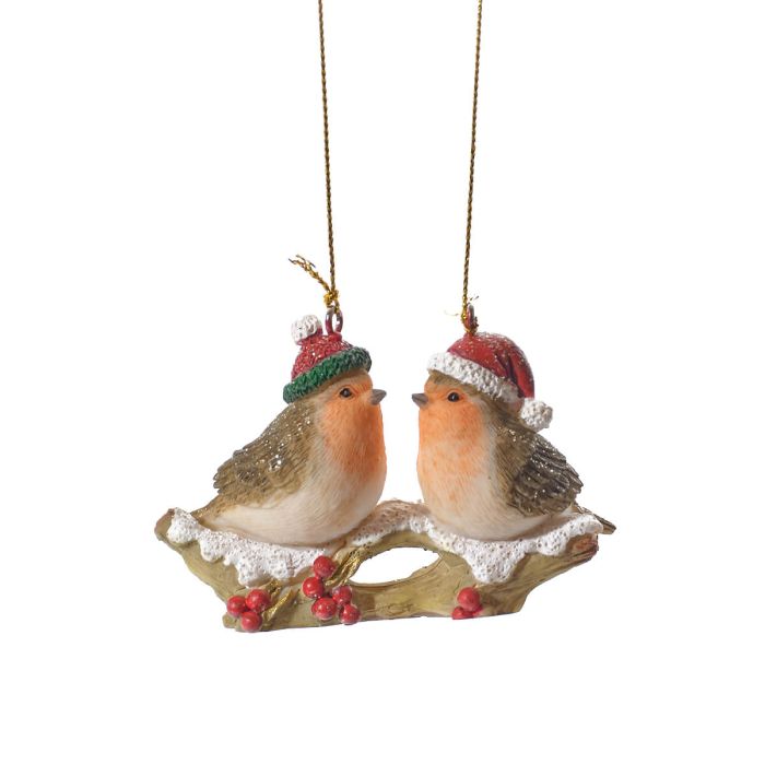 Festive robins with berries on branch hanging dec