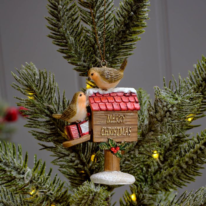 Festive robins perched on a postbox dec