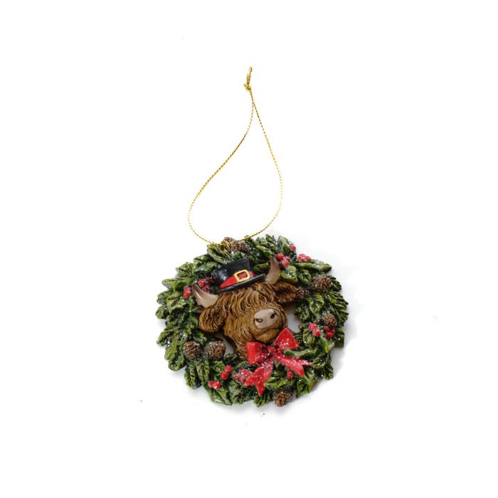 Christmas wreath with highland cow hanging dec